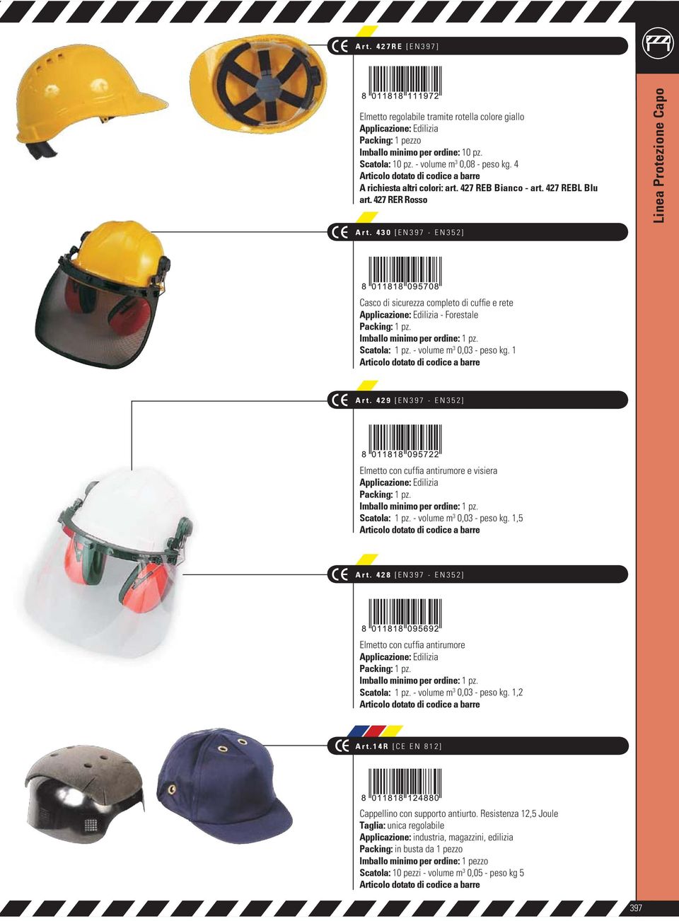 436 430 [CE [EN397 340] - EN352] Casco di sicurezza completo di cuffie e rete Applicazione: Edilizia - Forestale Packing: 1 pz. Scatola: 1 pz. - volume m 3 0,03 - peso kg. 1 Art.