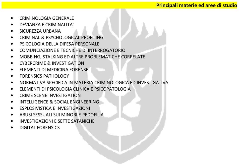 SPECIFICA IN MATERIA CRIMINOLOGICA ED INVESTIGATIVA ELEMENTI DI PSICOLOGIA CLINICA E PSICOPATOLOGIA CRIME SCENE INVESTIGATION INTELLIGENCE & SOCIAL