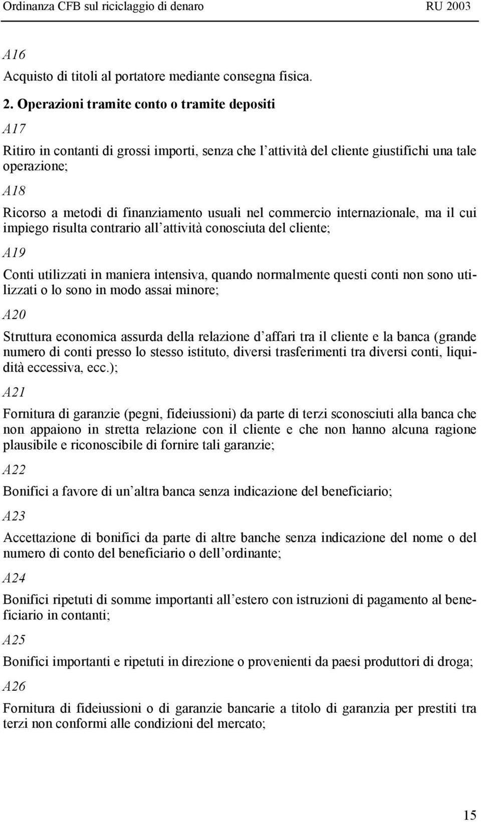 nel commercio internazionale, ma il cui impiego risulta contrario all attività conosciuta del cliente; A19 Conti utilizzati in maniera intensiva, quando normalmente questi conti non sono utilizzati o