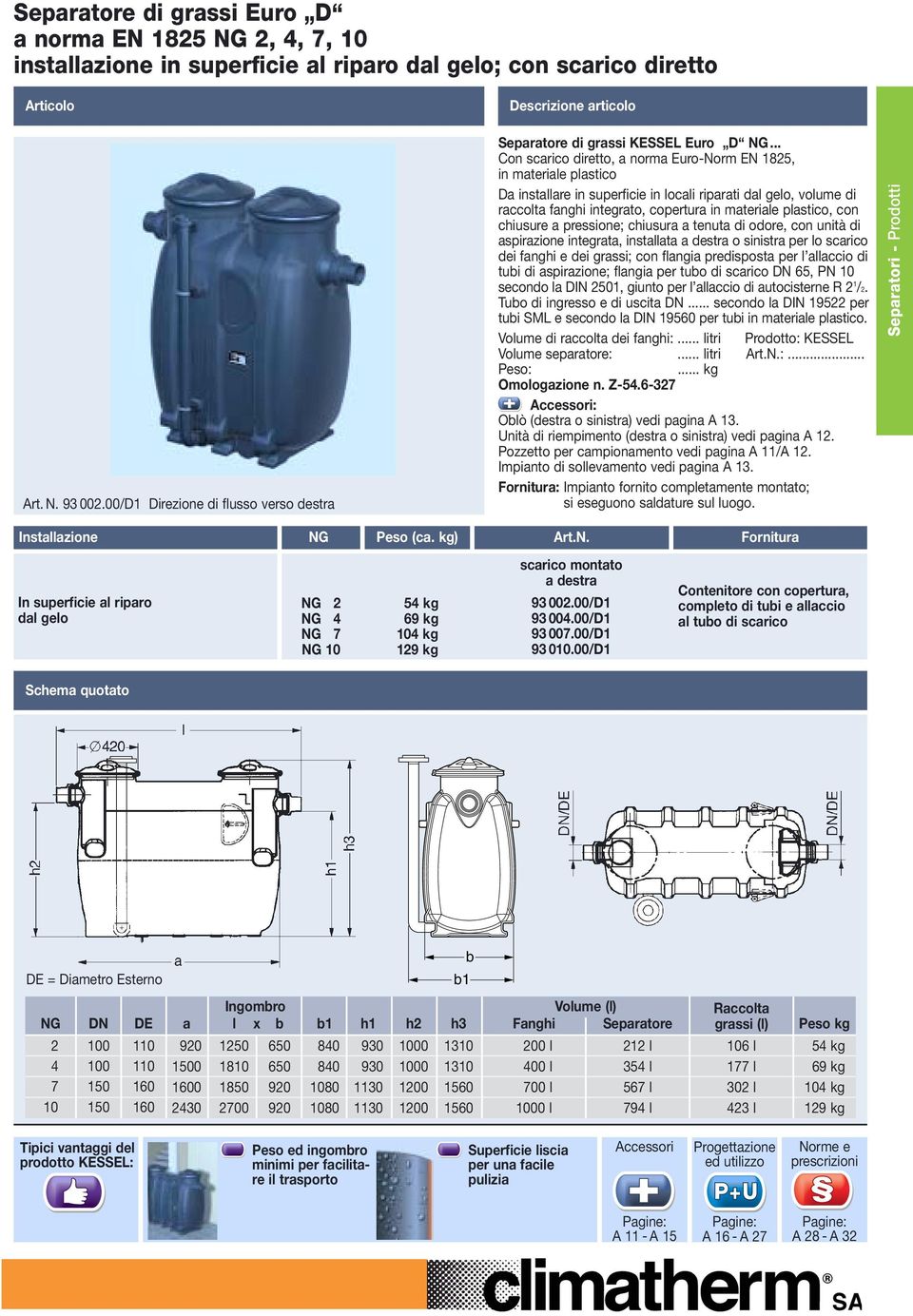 .. Con scarico diretto, a norma Euro-Norm EN 1825, in materiale plastico Da installare in superficie in locali riparati dal gelo, volume di raccolta fanghi integrato, copertura in materiale plastico,