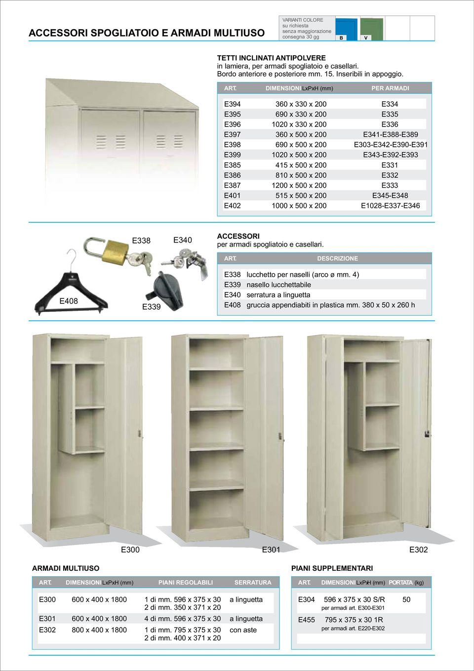 DIMENSIONI LxPxH (mm) PER ARMADI E394 360 x 330 x 200 E334 E395 690 x 330 x 200 E335 E396 1020 x 330 x 200 E336 E397 360 x 500 x 200 E341-E388-E389 E398 690 x 500 x 200 E303-E342-E390-E391 E399 1020