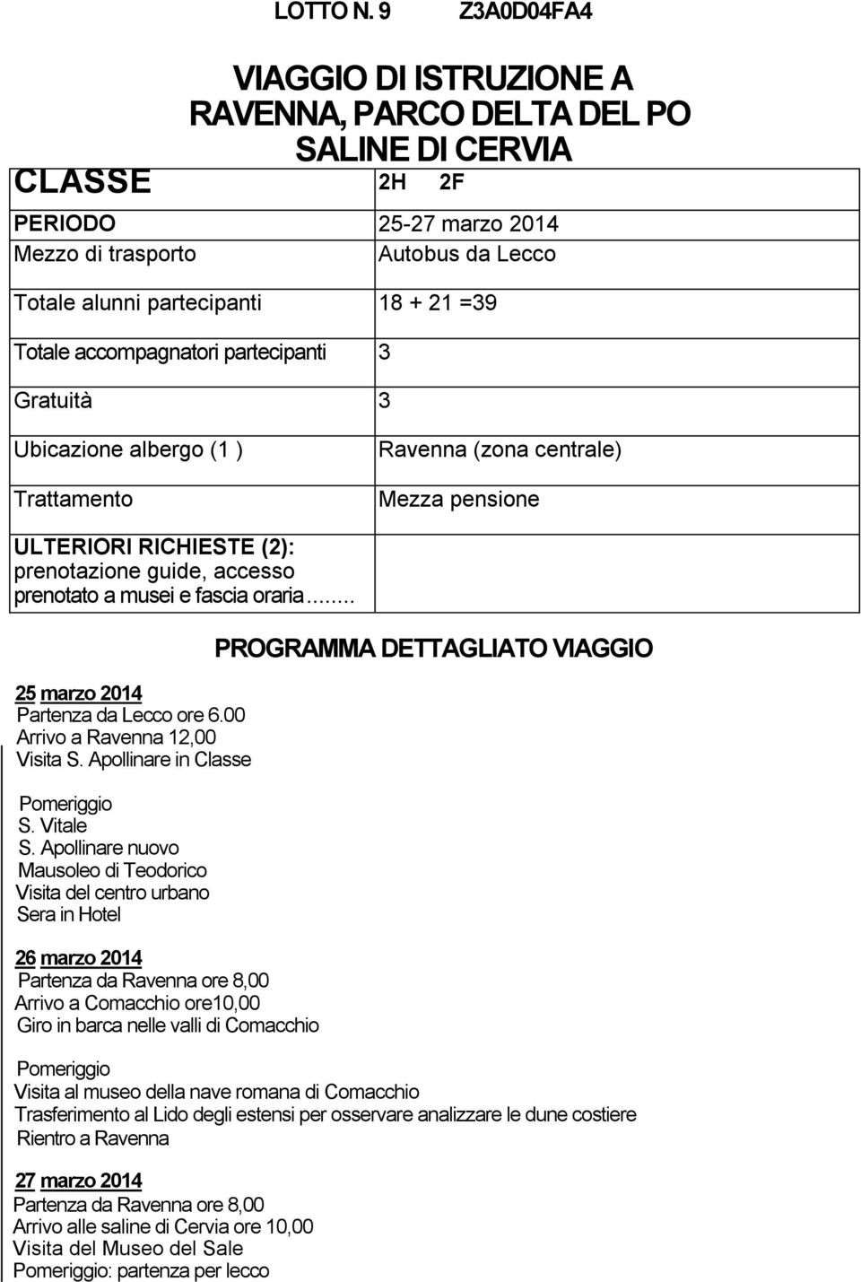 partecipanti 3 Gratuità 3 Ubicazione albergo (1 ) Ravenna (zona centrale) prenotato a musei e fascia oraria... 25 marzo 2014 Partenza da Lecco ore 6.00 Arrivo a Ravenna 12,00 Visita S.