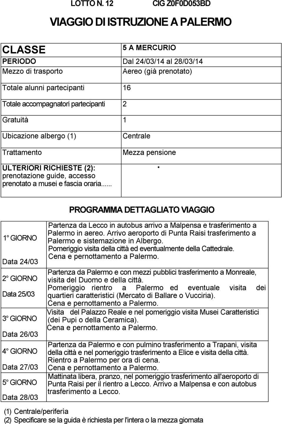 musei e fascia oraria... Centrale Data 24/03 Data 25/03 Data 26/03 Data 27/03 5 GIORNO Data 28/03 Partenza da Lecco in autobus arrivo a Malpensa e trasferimento a Palermo in aereo.