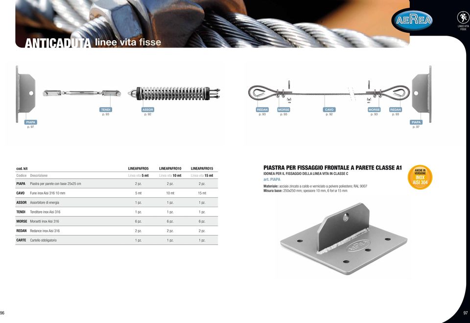 2 pz. 2 pz. CAVO Fune inox Aisi 316 10 mm 5 mt 10 mt 15 mt PIASTRA PER FISSAGGIO FRONTALE A PARETE CLASSE A1 IDONEA PER IL FISSAGGIO DELLA LINEA VITA IN CLASSE C art.