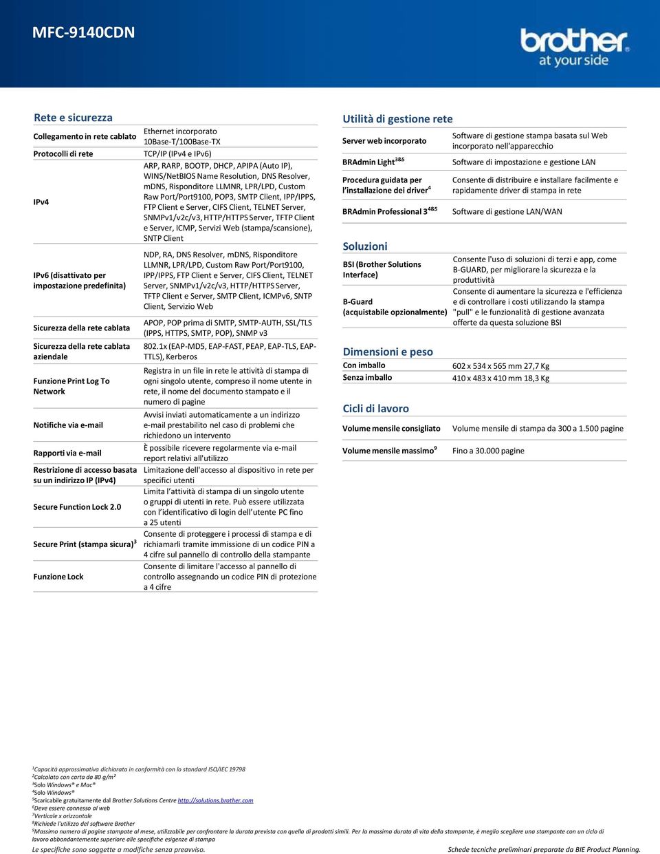 0 Secure Print (stampa sicura) Funzione Lock Ethernet incorporato 0Base-T/00Base-TX TCP/IP (IPv e IPv) ARP, RARP, BOOTP, DHCP, APIPA (Auto IP), WINS/NetBIOS Name Resolution, DNS Resolver, mdns,