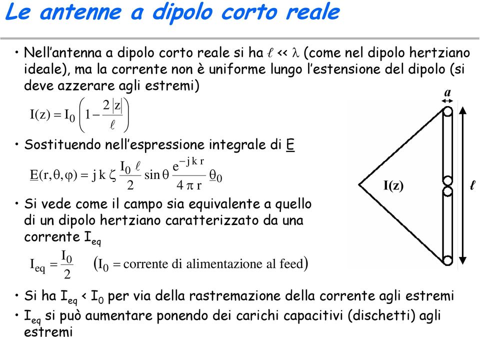 π r Si vede come il campo sia equivalente a quello di un dipolo hertziano caratterizzato da una corrente I eq I I 0 eq ( I0 corrente di alimentazione al