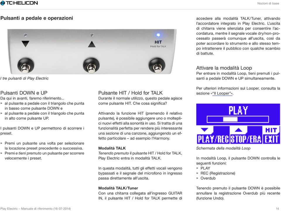 intrattenere il pubblico con qualche scambio di battute. I tre pulsanti di Play Electric Pulsanti DOWN e UP Da qui in avanti, faremo riferimento.