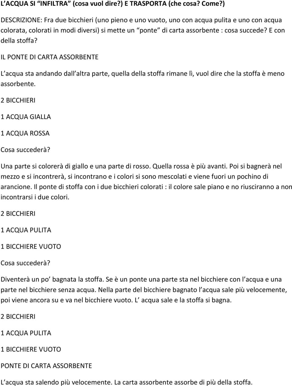 E con della stoffa? IL PONTE DI CARTA ASSORBENTE L acqua sta andando dall altra parte, quella della stoffa rimane lì, vuol dire che la stoffa è meno assorbente.