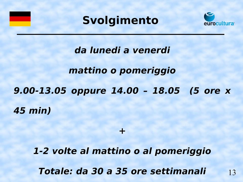 05 (5 ore x 45 min) + 1-2 volte al mattino