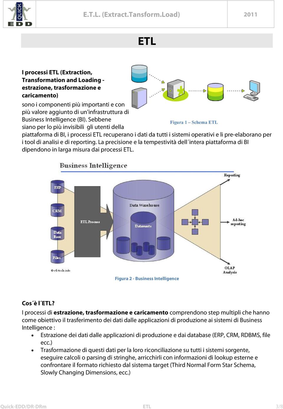 Sebbene Figura 1 Schema ETL siano per lo più invisibili gli utenti della piattaforma di BI, i processi ETL recuperano i dati da tutti i sistemi operativi e li pre-elaborano per i tool di analisi e di