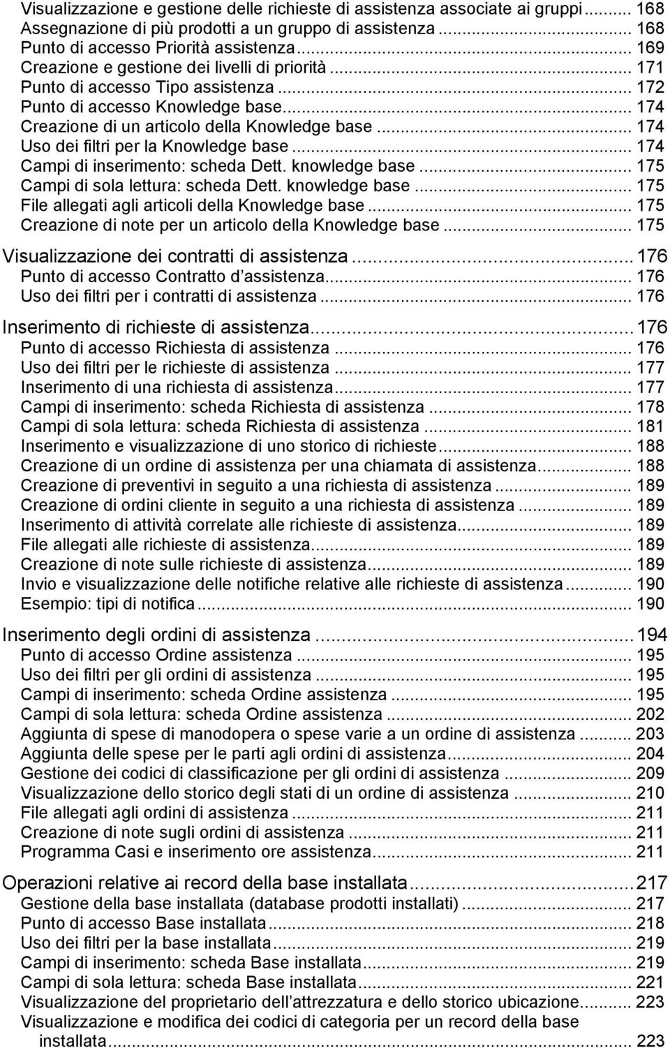 .. 174 Uso dei filtri per la Knowledge base... 174 Campi di inserimento: scheda Dett. knowledge base... 175 Campi di sola lettura: scheda Dett. knowledge base... 175 File allegati agli articoli della Knowledge base.