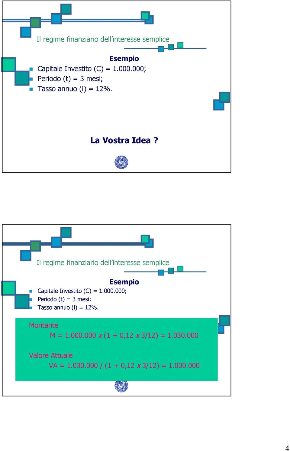 000; Periodo (t) = 3 mesi; Tasso annuo (i) = 12%. Montante M = 1.000.000 x (1 + 0,12 x 3/12) = 1.030.