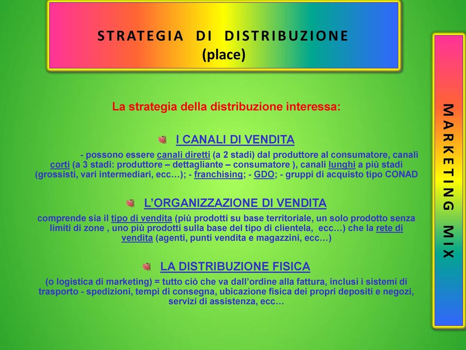 VENDITA comprende sia il tipo di vendita (più prodotti su base territoriale, un solo prodotto senza limiti di zone, uno più prodotti sulla base del tipo di clientela, ecc ) che la rete di vendita