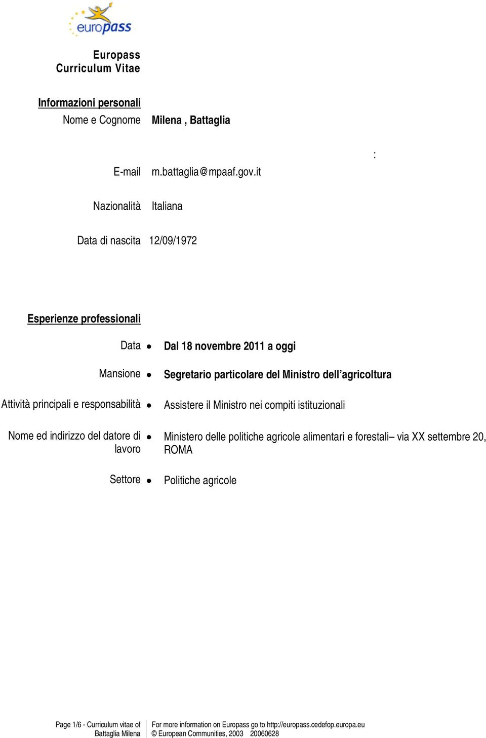 Segretario particolare del Ministro dell agricoltura Attività principali e responsabilità Assistere il Ministro nei compiti