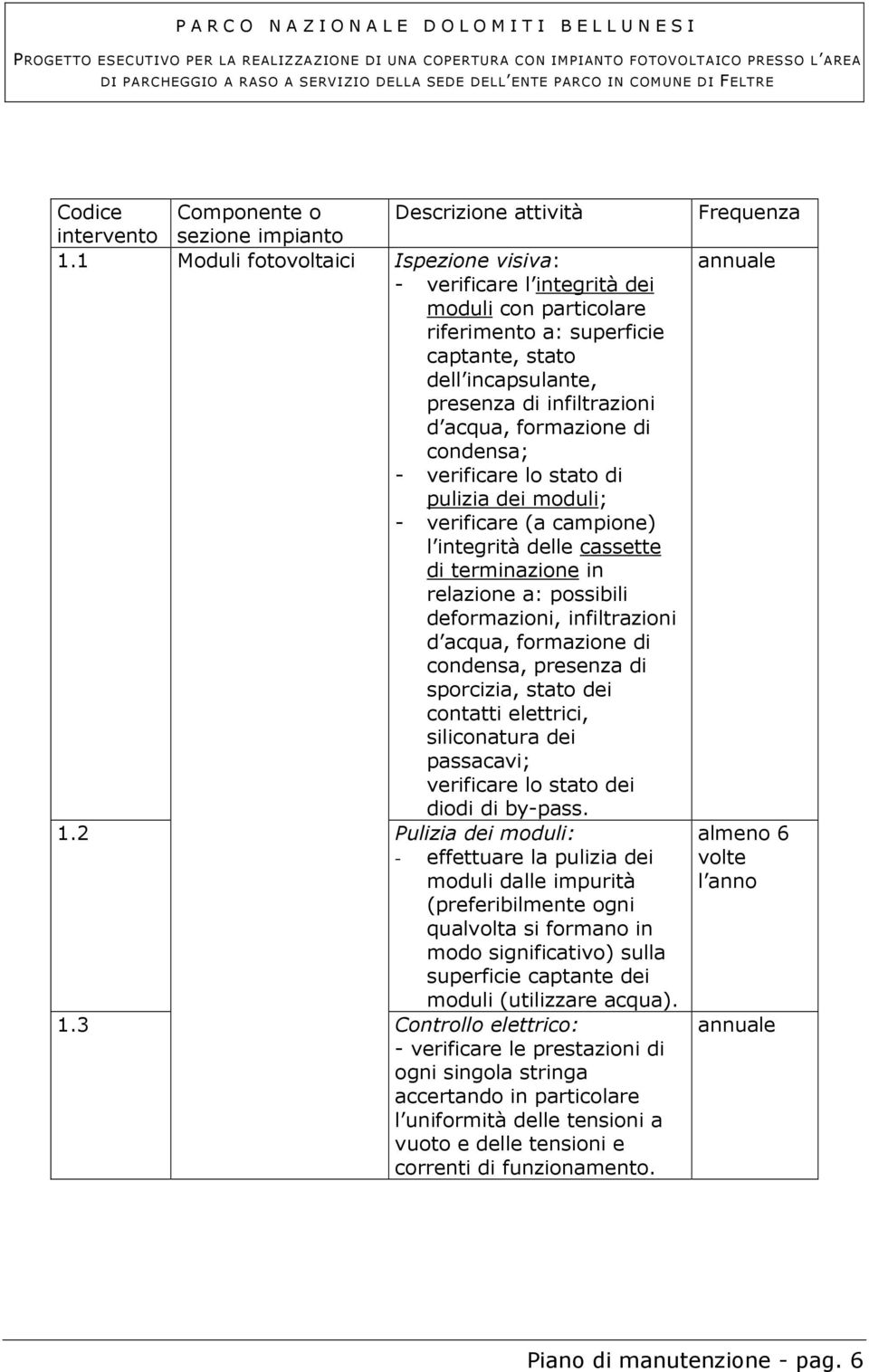 di condensa; - verificare lo stato di pulizia dei moduli; - verificare (a campione) l integrità delle cassette di terminazione in relazione a: possibili deformazioni, infiltrazioni d acqua,