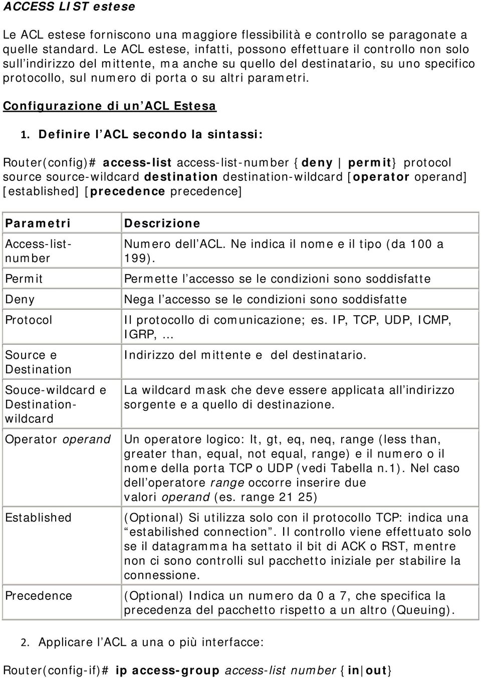 parametri. Configurazione di un ACL Estesa 1.