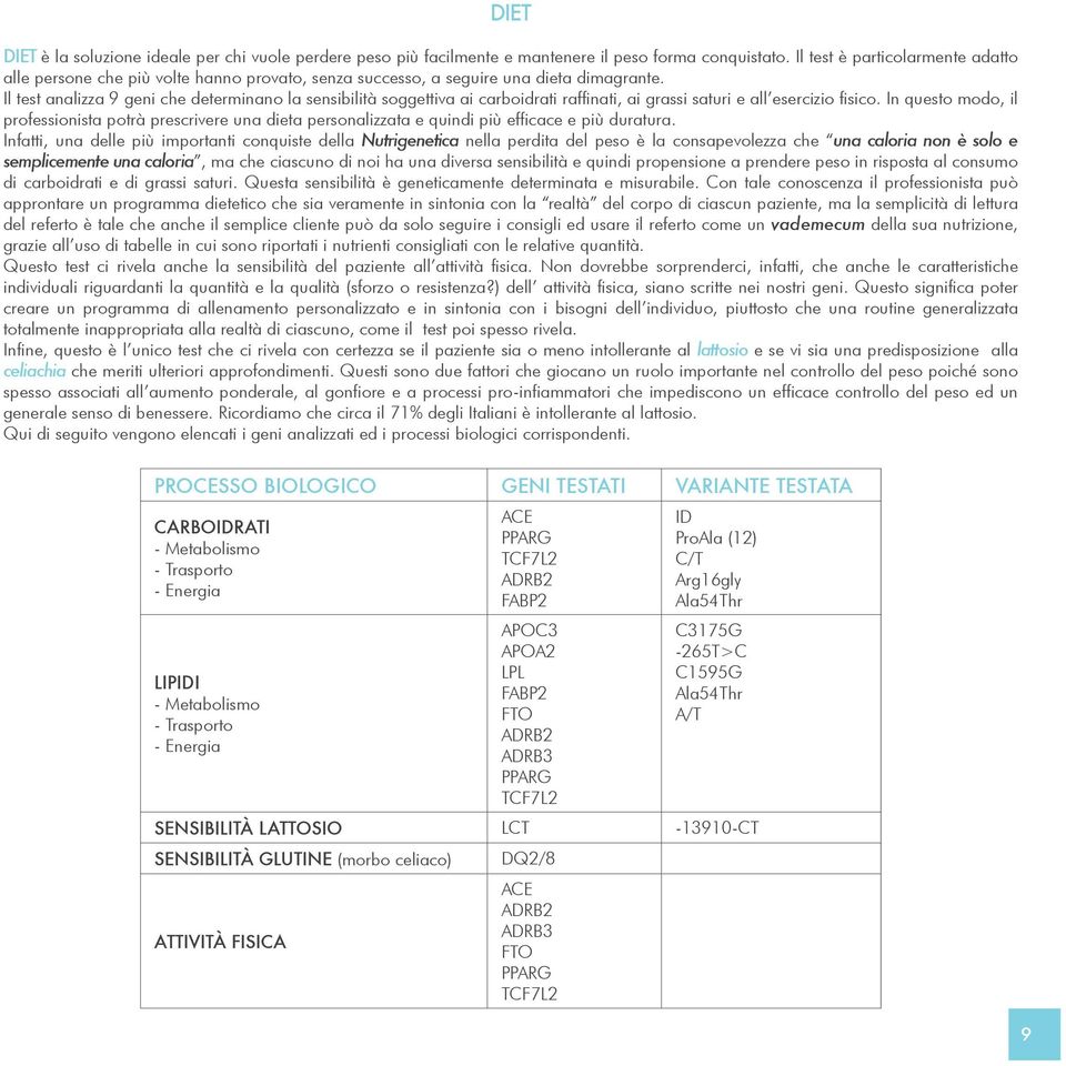 Il test analizza 9 geni che determinano la sensibilità soggettiva ai carboidrati raffinati, ai grassi saturi e all esercizio fisico.