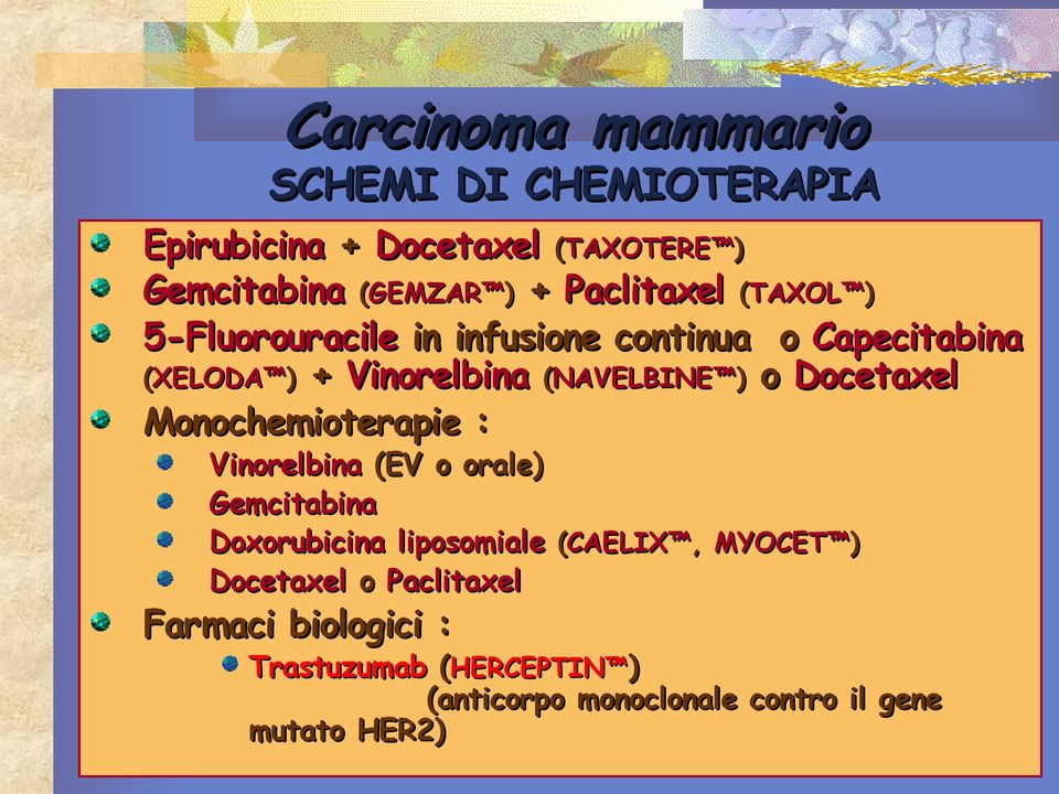 Monochemioterapie : Vinorelbina (EV o orale) Gemcitabina Doxorubicina liposomiale (CAELIX Docetaxel o Paclitaxel