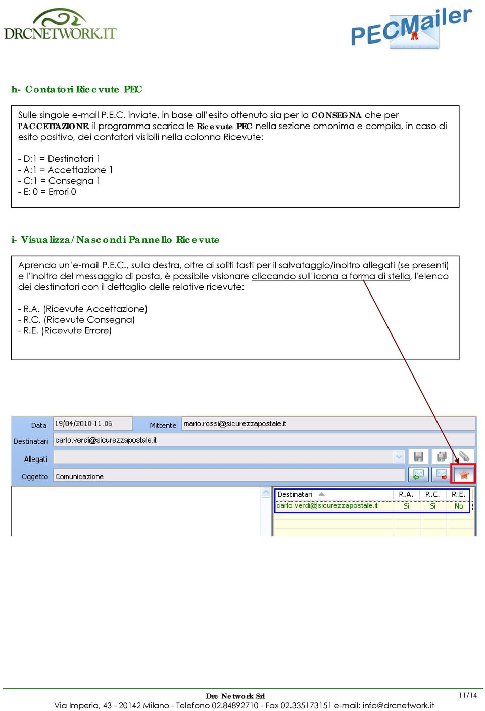 Pannello Ricevute Aprendo un e-mail P.E.C.