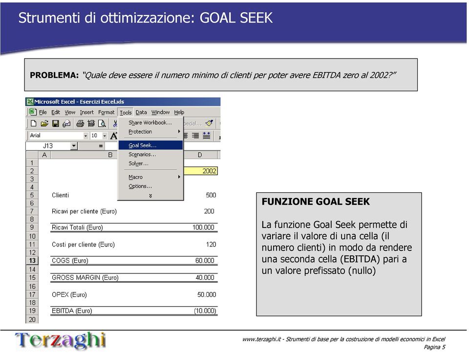 FUNZIONE GOAL SEEK La funzione Goal Seek permette di variare il valore di una