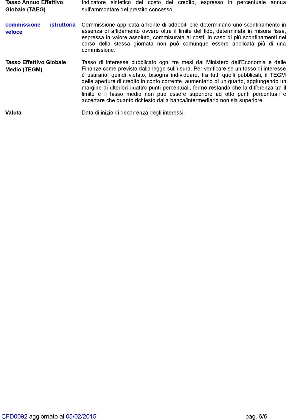 Commissione applicata a fronte di addebiti che determinano uno sconfinamento in assenza di affidamento ovvero oltre il limite del fido, determinata in misura fissa, espressa in valore assoluto,