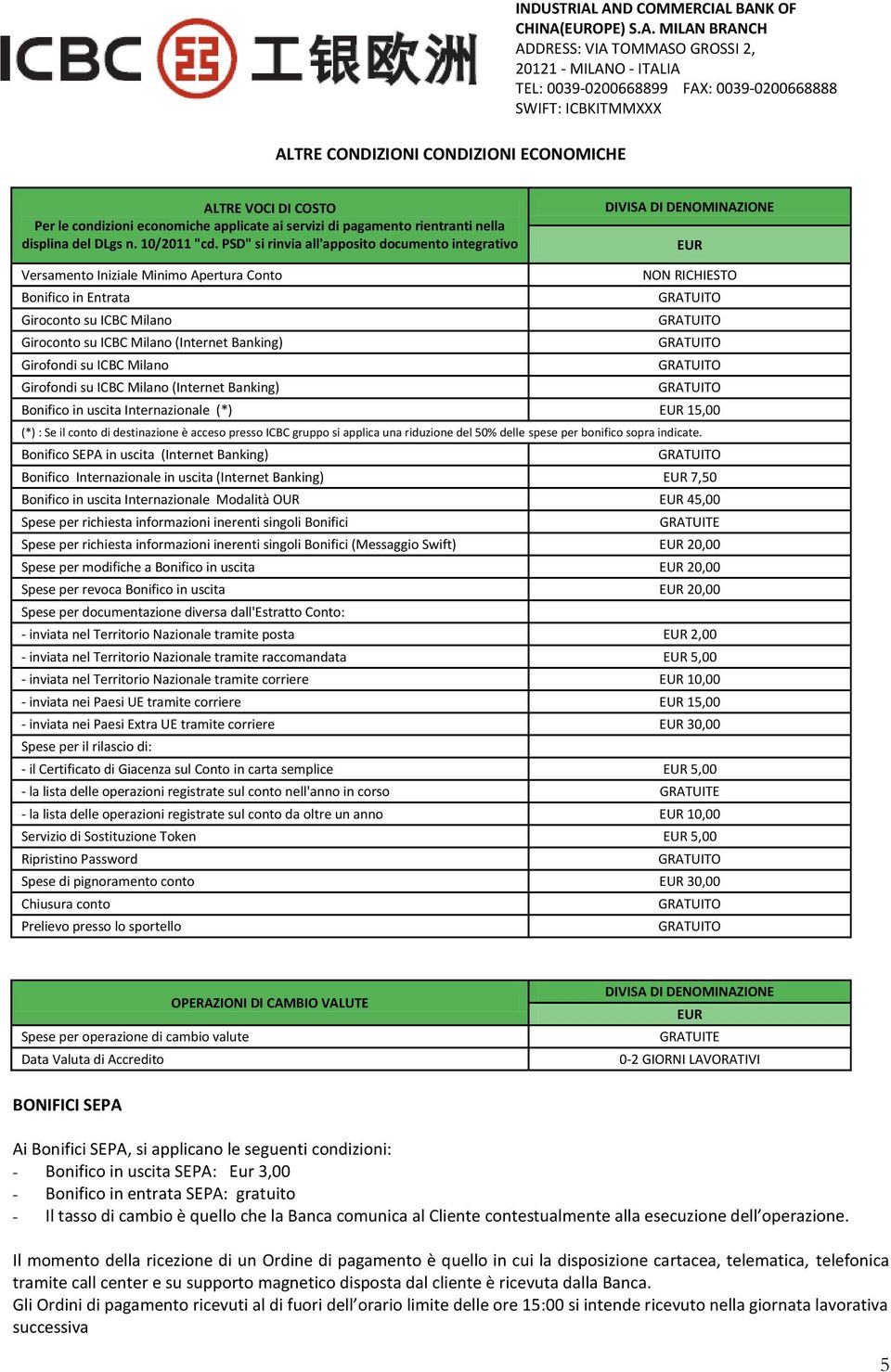 Milano (Internet Banking) Girofondi su ICBC Milano Girofondi su ICBC Milano (Internet Banking) Bonifico in uscita Internazionale (*) EUR 15,00 (*) : Se il conto di destinazione è acceso presso ICBC