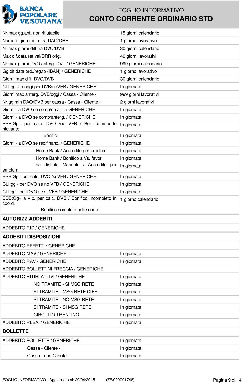 gg min DAO/DVB per cassa / Cassa - Cliente - Giorni - a DVO se comp/no ant. / GENERICHE Giorni - a DVO se comp/anterg. / GENERICHE BSB:Gg.- per calc.