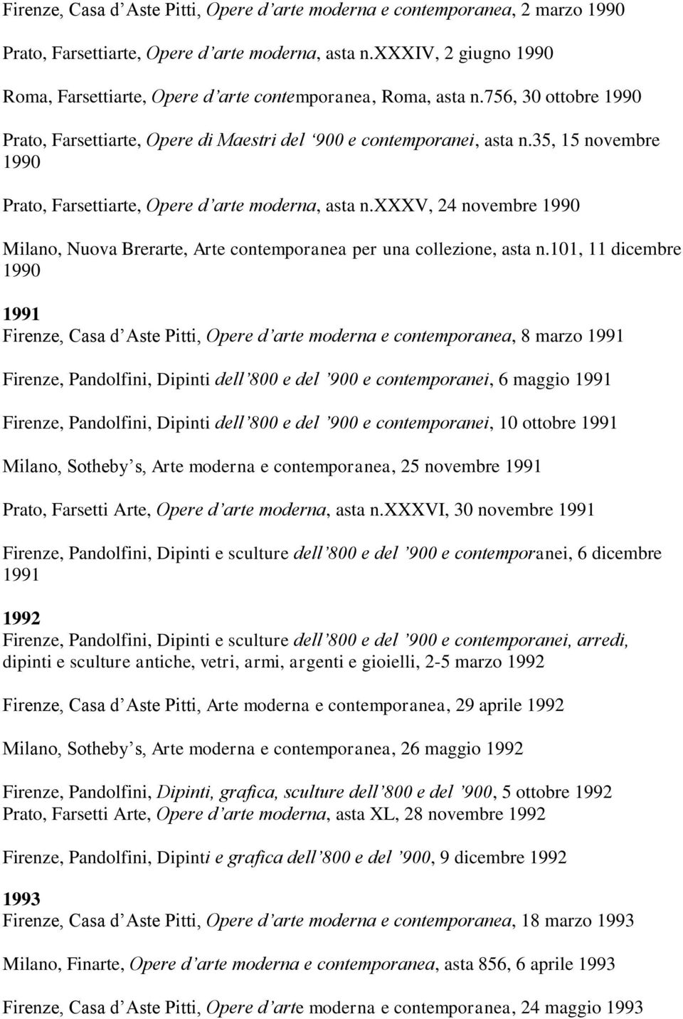 35, 15 novembre 1990 Prato, Farsettiarte, Opere d arte moderna, asta n.xxxv, 24 novembre 1990 Milano, Nuova Brerarte, Arte contemporanea per una collezione, asta n.