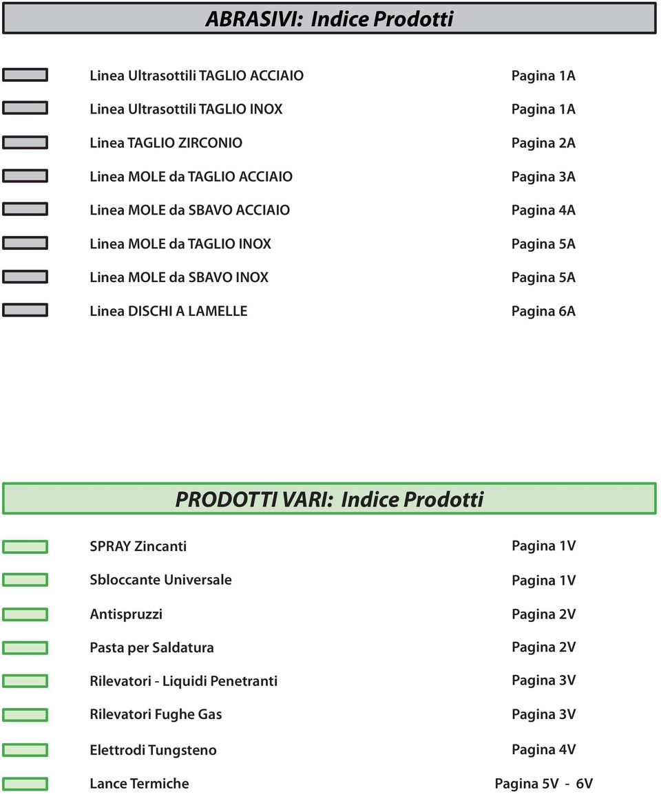 Pagina 5A Pagina 5A Pagina 6A PRODOTTI VARI: Indice Prodotti SPRAY Zincanti Sbloccante Universale Antispruzzi Pasta per Saldatura Rilevatori -