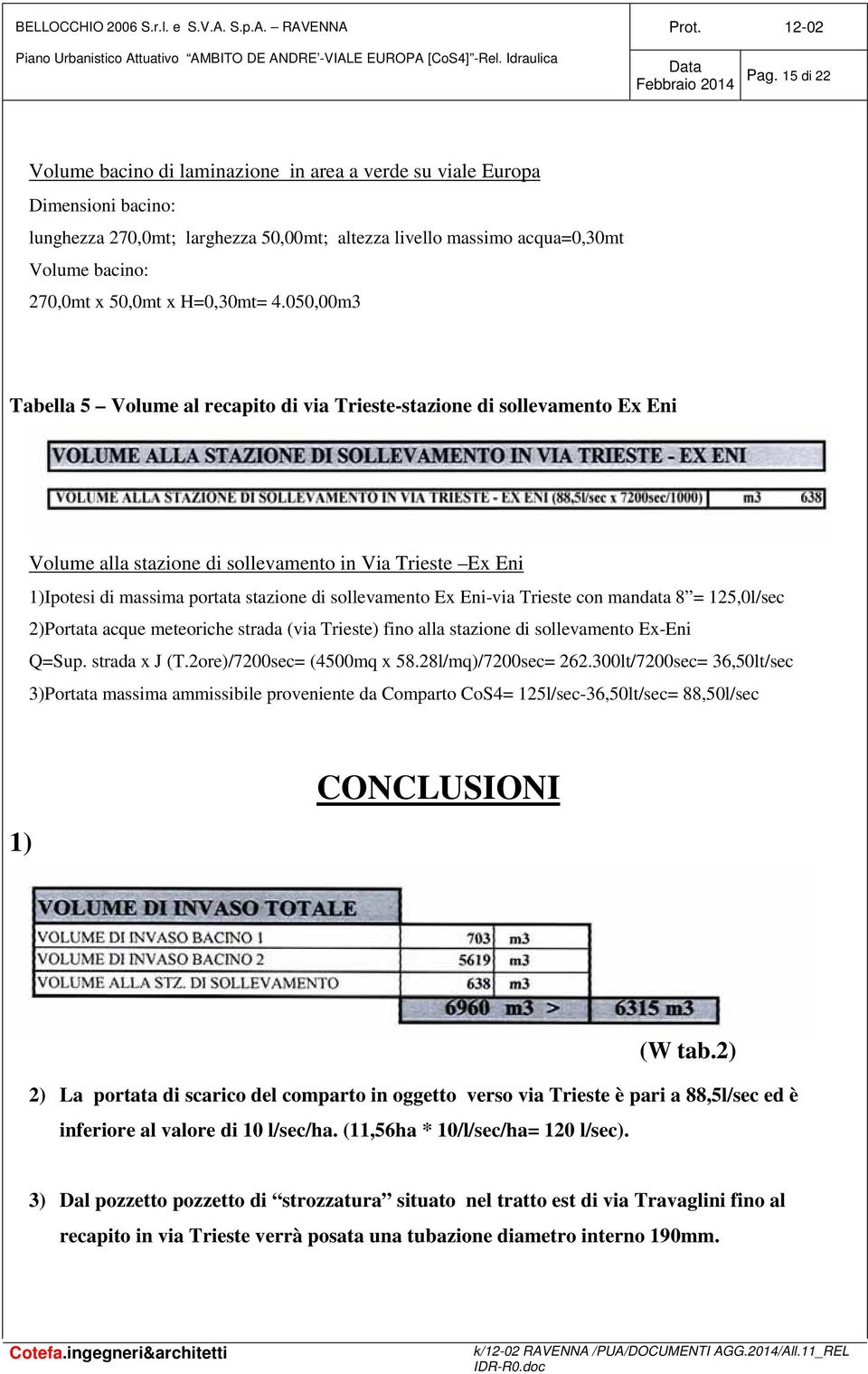 050,00m3 Tabella 5 Volume al recapito di via Trieste-stazione di sollevamento Ex Eni Volume alla stazione di sollevamento in Via Trieste Ex Eni 1)Ipotesi di massima portata stazione di sollevamento