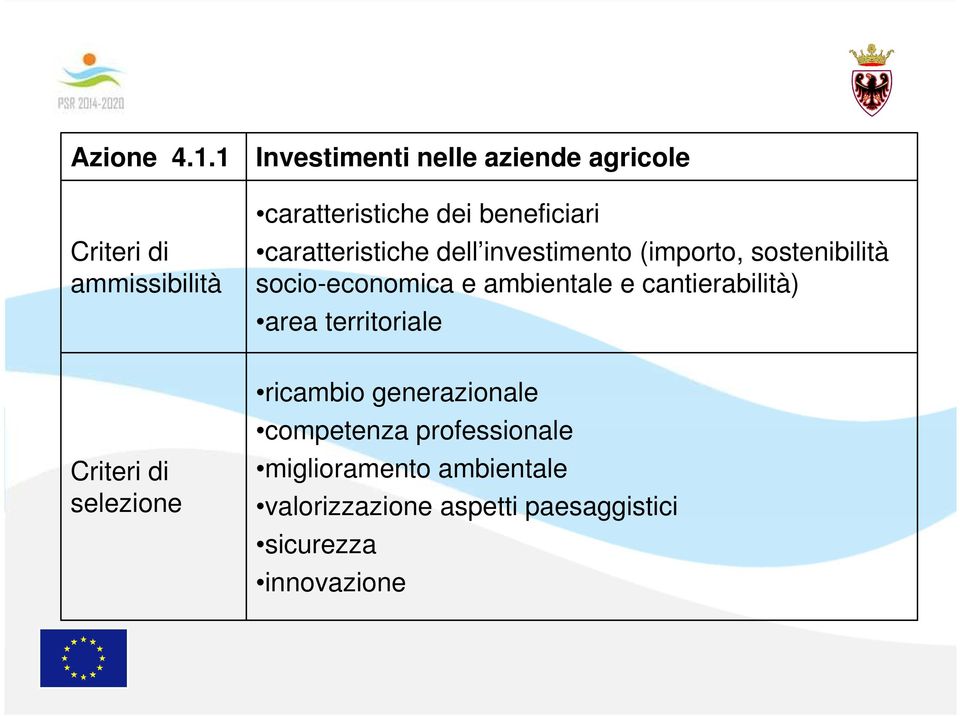 caratteristiche dell investimento (importo, sostenibilità socio-economica e ambientale e