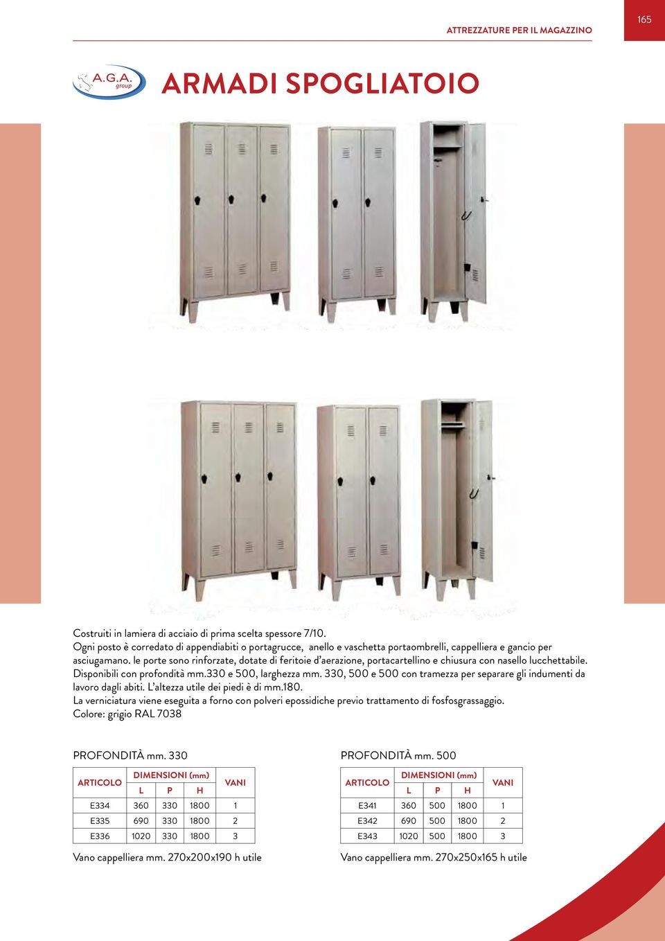 le porte sono rinforzate, dotate di feritoie d aerazione, portacartellino e chiusura con nasello lucchettabile. Disponibili con profondità mm.330 e 500, larghezza mm.