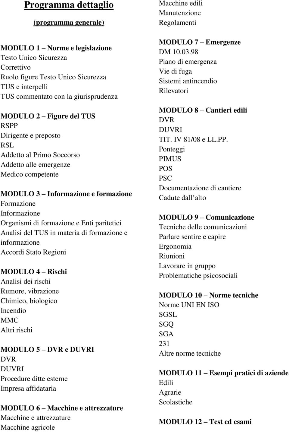 Enti paritetici Analisi del TUS in materia di formazione e informazione Accordi Stato Regioni MODULO 4 Rischi Analisi dei rischi Rumore, vibrazione Chimico, biologico Incendio MMC Altri rischi MODULO