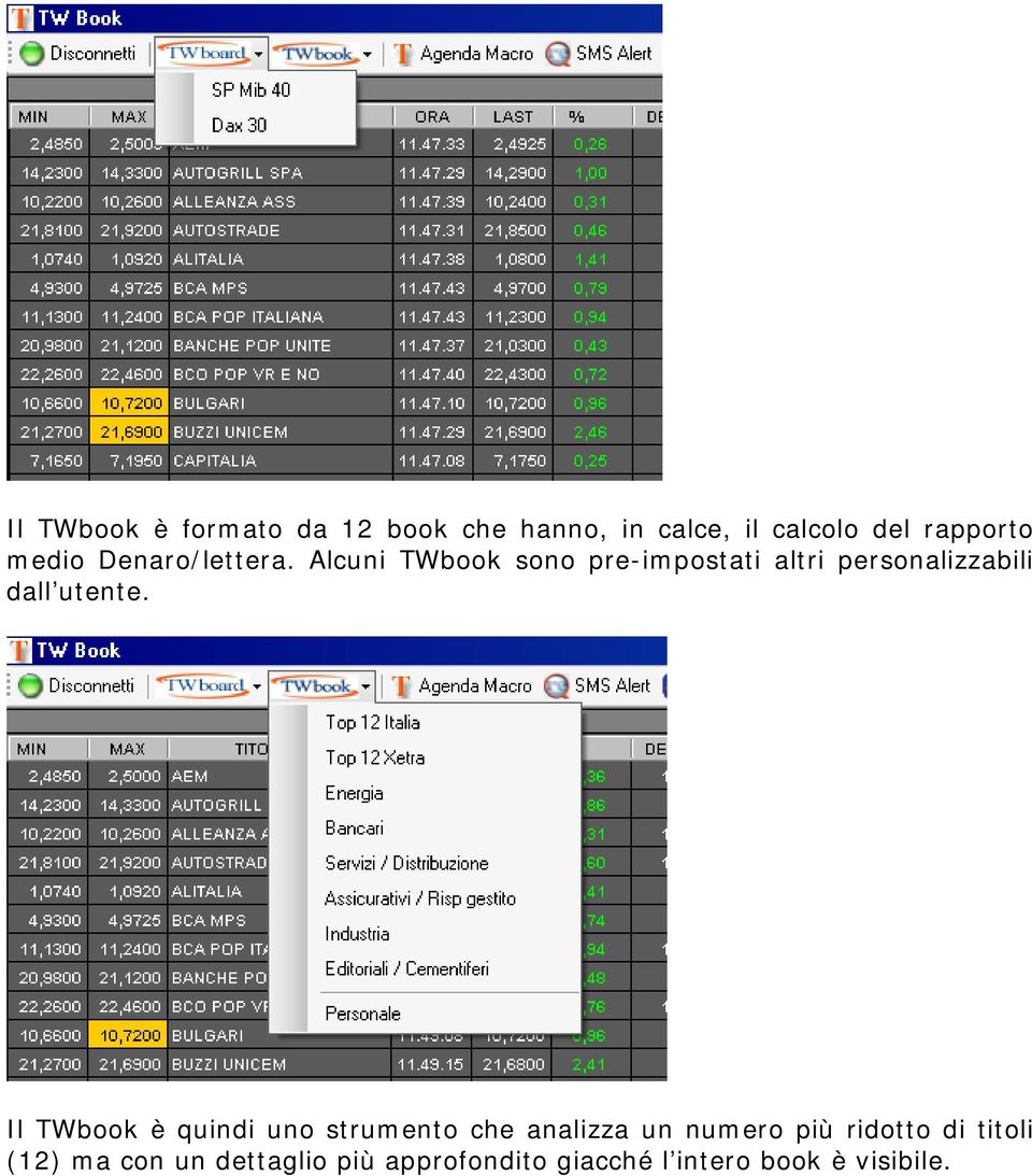 Alcuni TWbook sono pre-impostati altri personalizzabili dall utente.