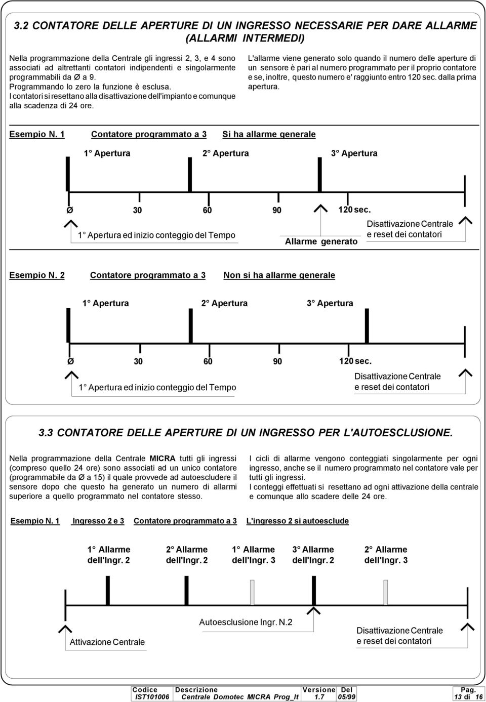 L'allarme viene generato solo quando il numero delle aperture di un sensore è pari al numero programmato per il proprio contatore e se, inoltre, questo numero e' raggiunto entro 0 sec.