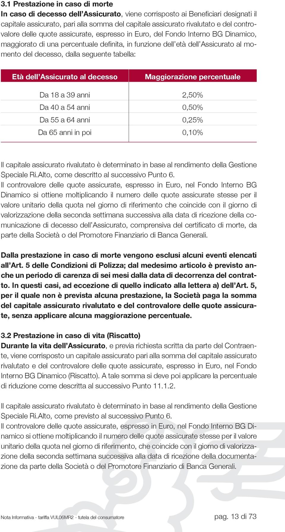 seguente tabella: Età dell Assicurato al decesso Maggiorazione percentuale Da 18 a 39 anni 2,50% Da 40 a 54 anni 0,50% Da 55 a 64 anni 0,25% Da 65 anni in poi 0,10% Il capitale assicurato rivalutato