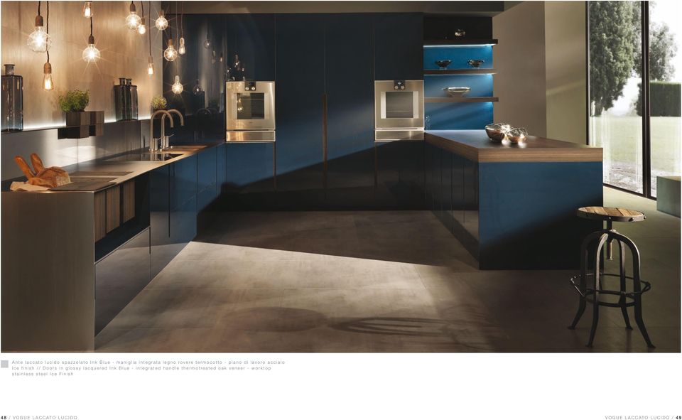 lacquered Ink Blue - integrated handle thermotreated oak veneer - worktop