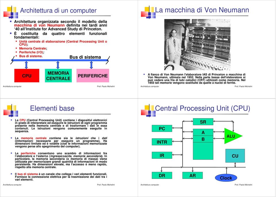 Bus di sistema CPU MEMORIA CENTRALE PERIFERICHE A fianco di Von Neumann l'elaboratore IAS di Princeton o macchina di Von Neumann, ultimata nel 1952.
