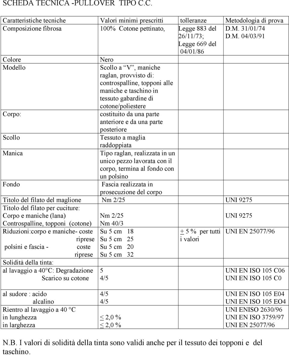 termina al fondo con un polsino Fondo Fascia realizzata in prosecuzione del corpo Titolo del filato del maglione Nm 2/2 UNI 927 Titolo del filato per cuciture: Corpo e maniche (lana) Controspalline,