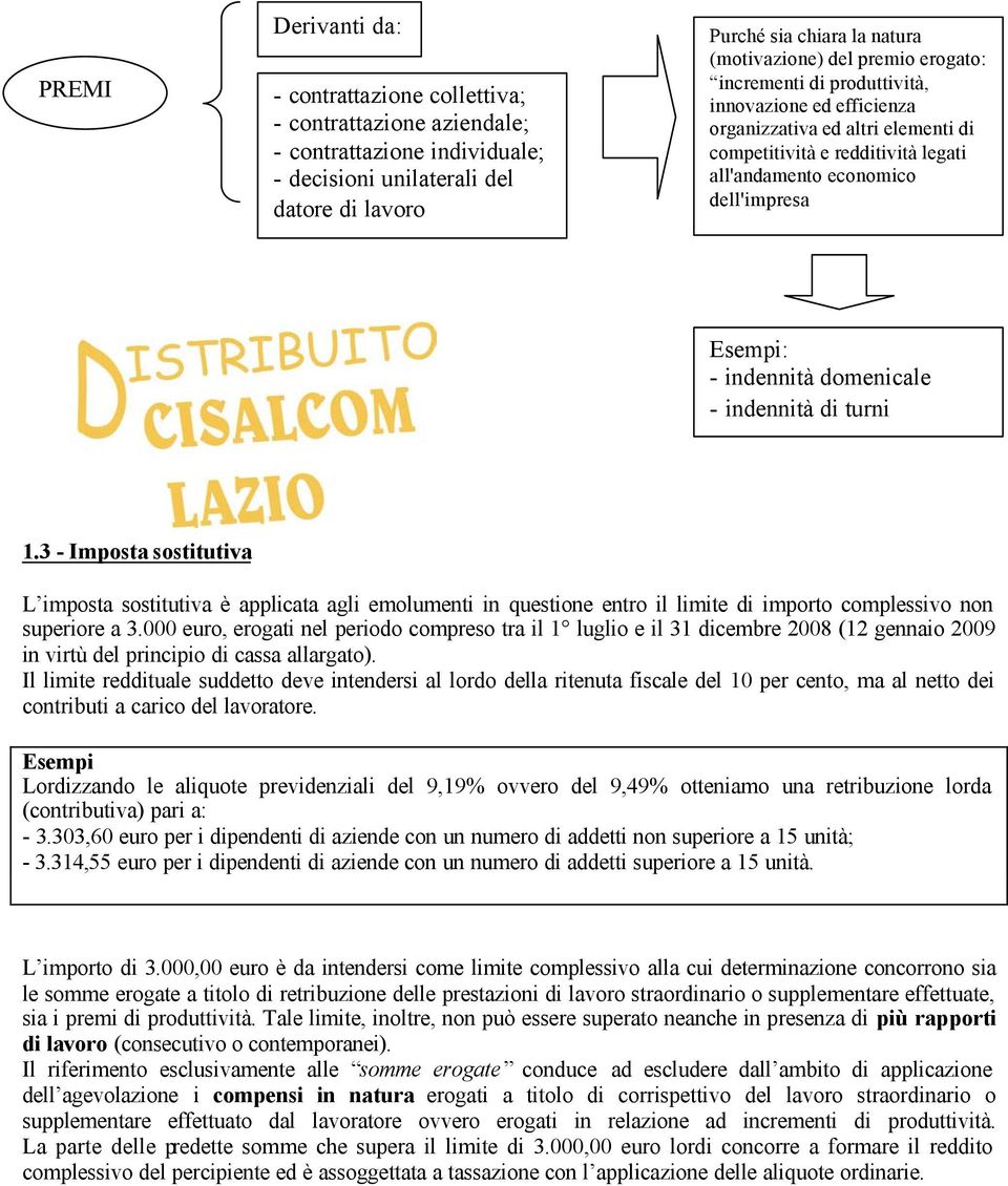 domenicale - indennità di turni 1.3 - Imposta sostitutiva L imposta sostitutiva è applicata agli emolumenti in questione entro il limite di importo complessivo non superiore a 3.