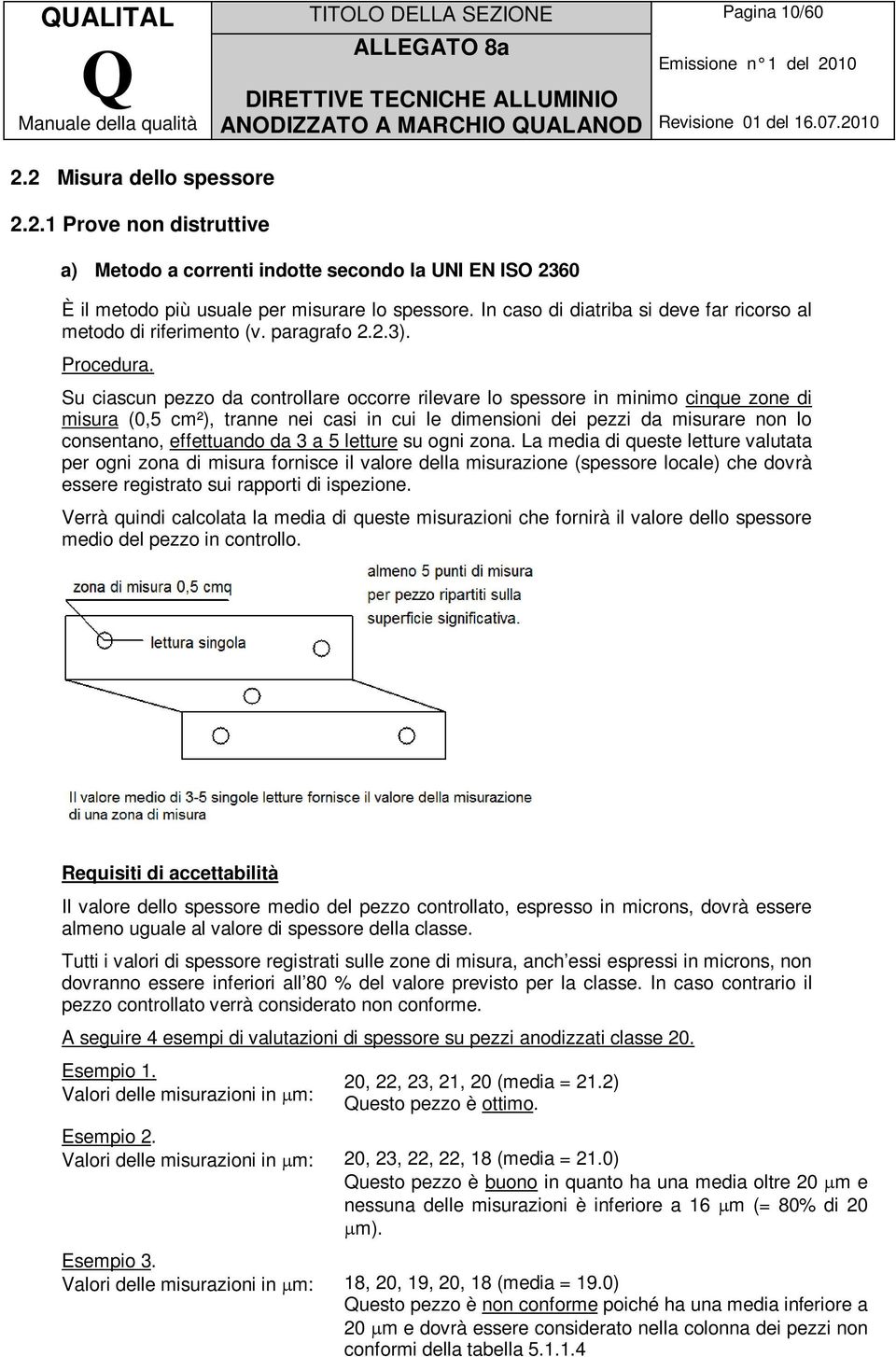 Su ciascun pezzo da controllare occorre rilevare lo spessore in minimo cinque zone di misura (0,5 cm²), tranne nei casi in cui le dimensioni dei pezzi da misurare non lo consentano, effettuando da 3