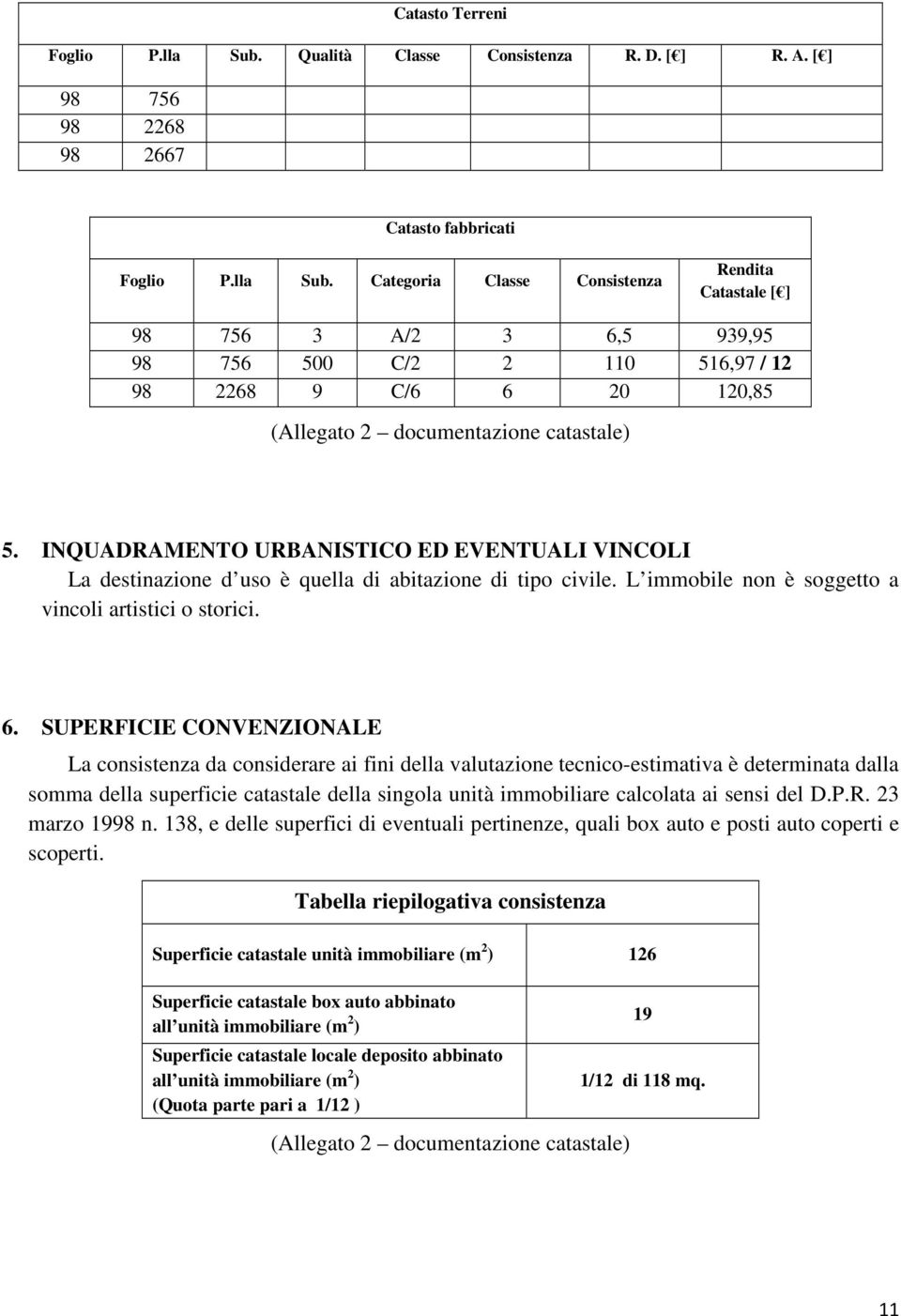 Categoria Classe Consistenza Rendita Catastale [ ] 98 756 3 A/2 3 6,5 939,95 98 756 500 C/2 2 110 516,97 / 12 98 2268 9 C/6 6 20 120,85 (Allegato 2 documentazione catastale) 5.