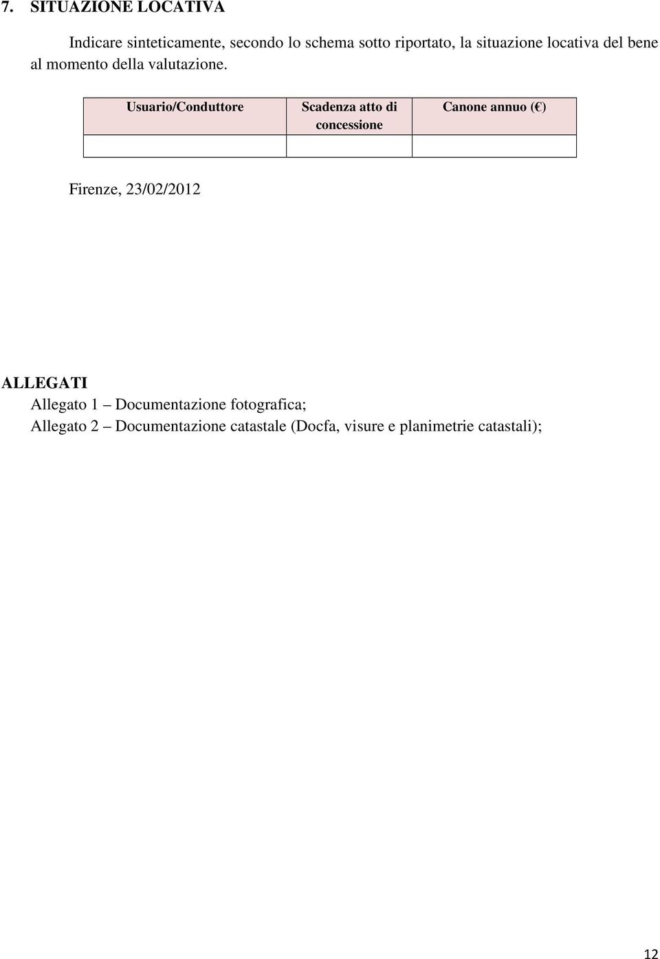 Usuario/Conduttore Scadenza atto di concessione Canone annuo ( ) Firenze, 23/02/2012