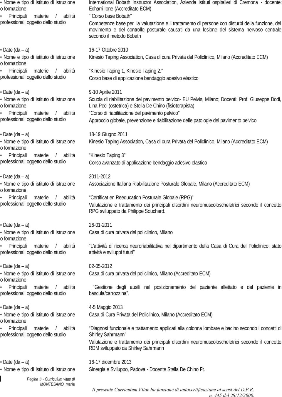 (da a) 16-17 Ottobre 2010 Nome e tipo di istituto di istruzione Kinesio Taping Association, Casa di cura Privata del Policlinico, Milano (Accreditato ECM) Kinesio Taping 1, Kinesio Taping 2.