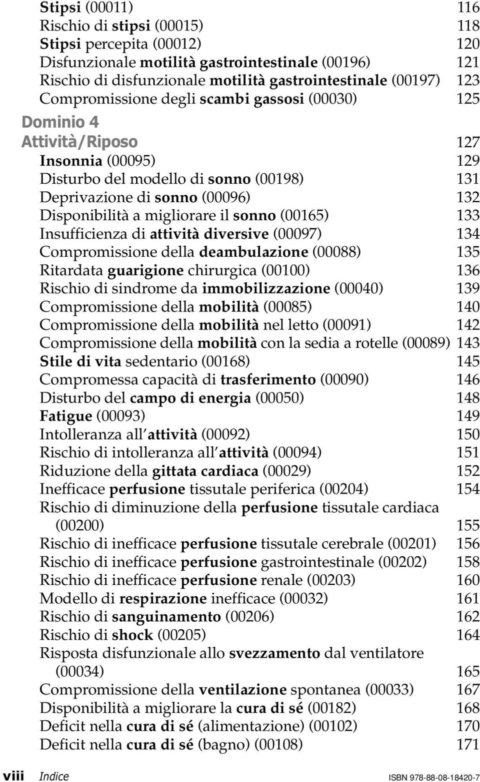 migliorare il sonno (00165) 133 Insufficienza di attività diversive (00097) 134 Compromissione della deambulazione (00088) 135 Ritardata guarigione chirurgica (00100) 136 Rischio di sindrome da