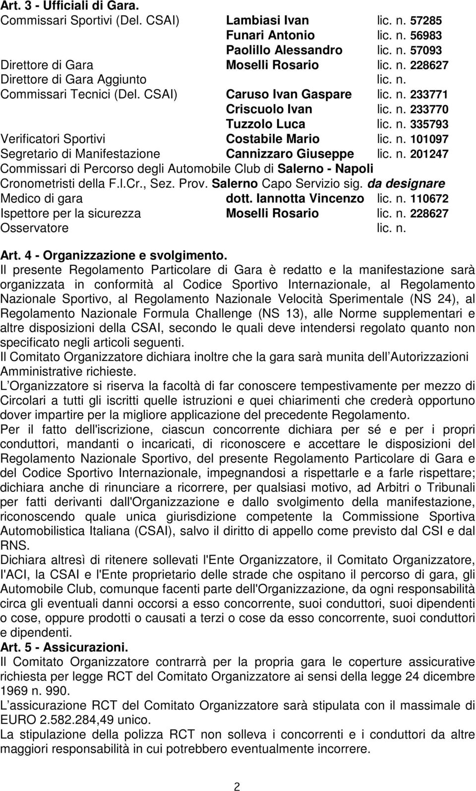 n. 201247 Commissari di Percorso degli Automobile Club di Salerno - Napoli Cronometristi della F.l.Cr., Sez. Prov. Salerno Capo Servizio sig. da designare Medico di gara dott. Iannotta Vincenzo lic.