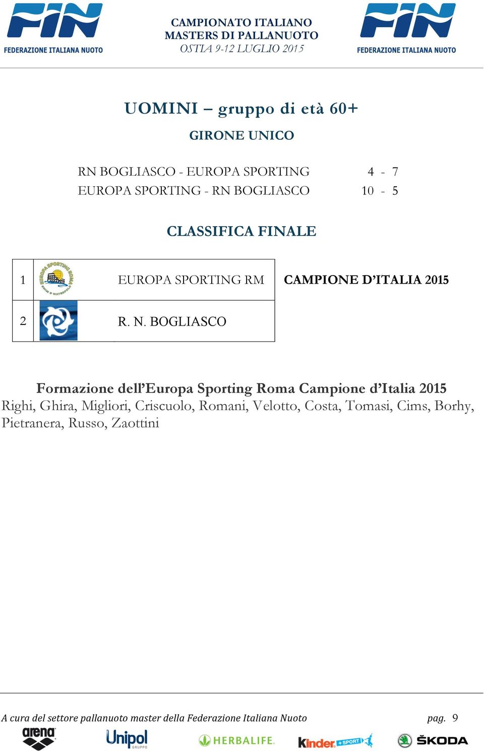 BOGLIASCO Formazione dell Europa Sporting Roma Campione d Italia 2015 Righi, Ghira, Migliori,