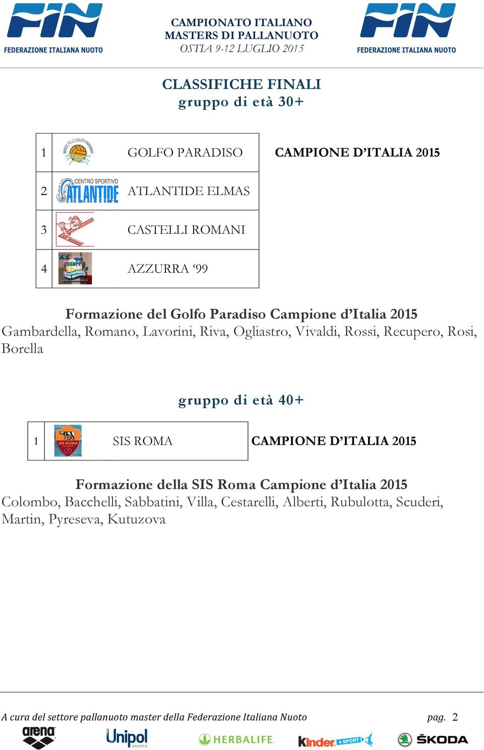 di età 40+ 1 SIS ROMA CAMPIONE D ITALIA 2015 Formazione della SIS Roma Campione d Italia 2015 Colombo, Bacchelli, Sabbatini, Villa,