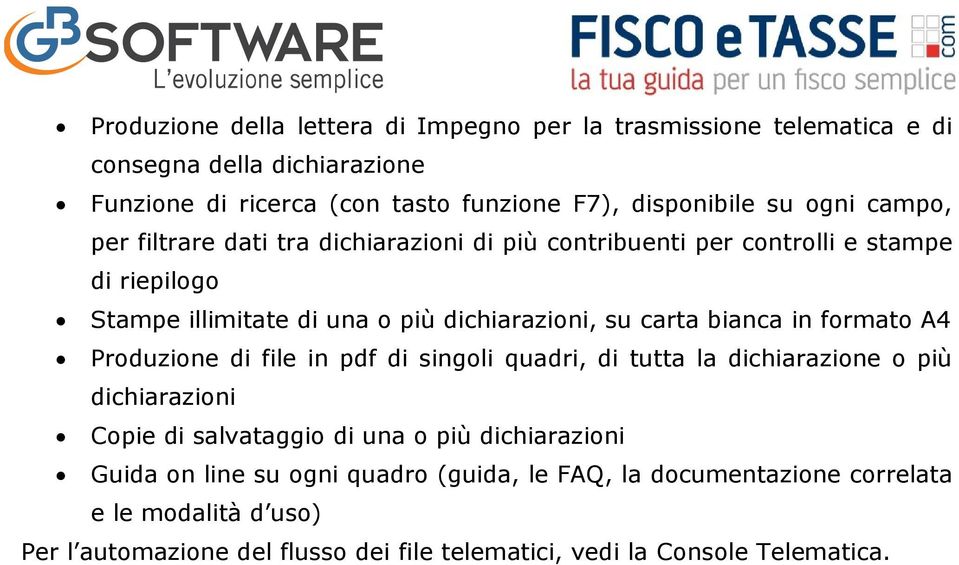 bianca in formato A4 Produzione di file in pdf di singoli quadri, di tutta la dichiarazione o più dichiarazioni Copie di salvataggio di una o più dichiarazioni