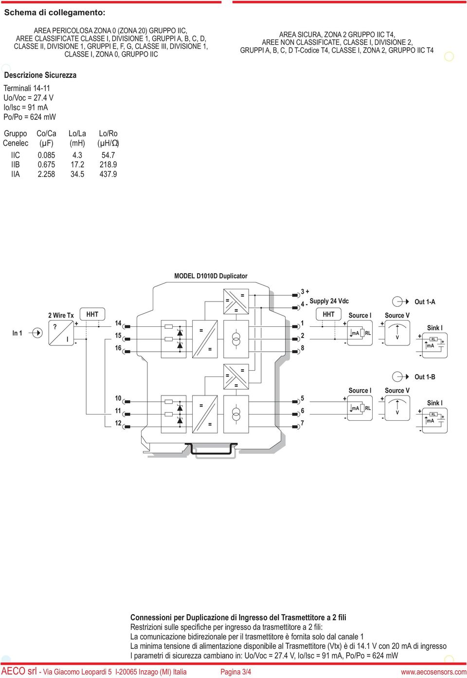 4 V Io/Isc 9 ma Po/Po 624 mw Gruppo Cenelec Co/Ca (µf) 0.05 0.65 2.25 Lo/La (mh) 4.3.2 34.5 Lo/Ro (µh/ω) 54. 2.9 43.9 MODEL D00D Duplicator 2 Wire Tx?